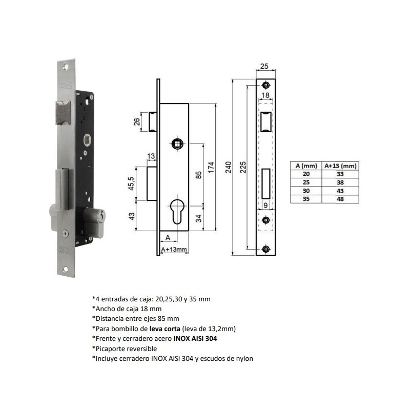 CERRADURA 2810 35MM INOX PICAPORTE PALANCA SIN BOMBILLO