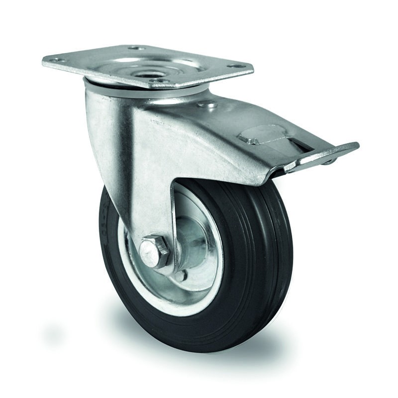 RUEDA BASIC CON PLACA Y FRENO GOMA NEGRA 100KG