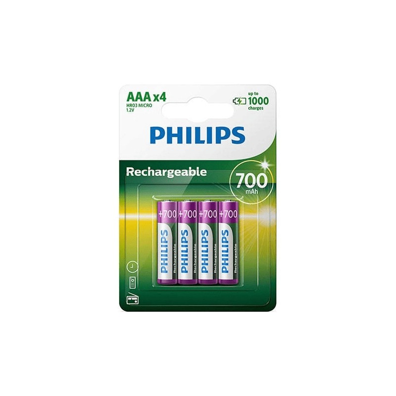 Baterías Philips R03 Ni-MH 700mAh Blíster 4x | Pilas AAA recargables d Baterías Philips R03 Ni-MH 700mAh Blíster 4x | Pilas AAA recargables d