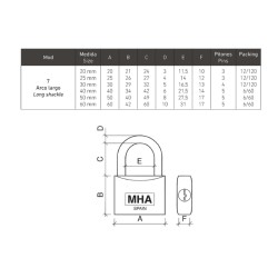 Candado MHA Modelo 7 | Latón Pulido 30 mm Arco Largo Alta Seguridad